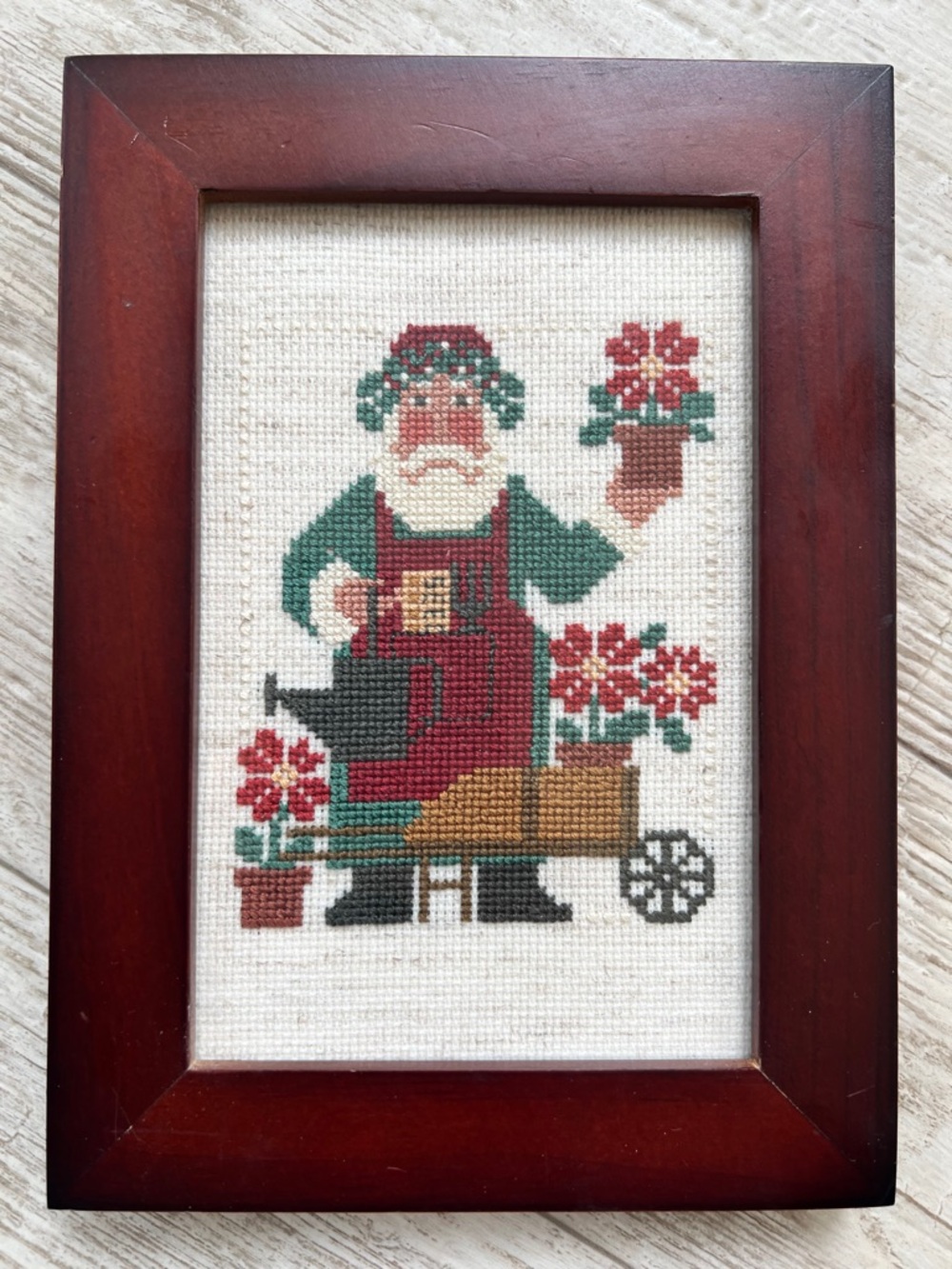 Framed Gardener Cross-Stitch Wall Art in Red and Green